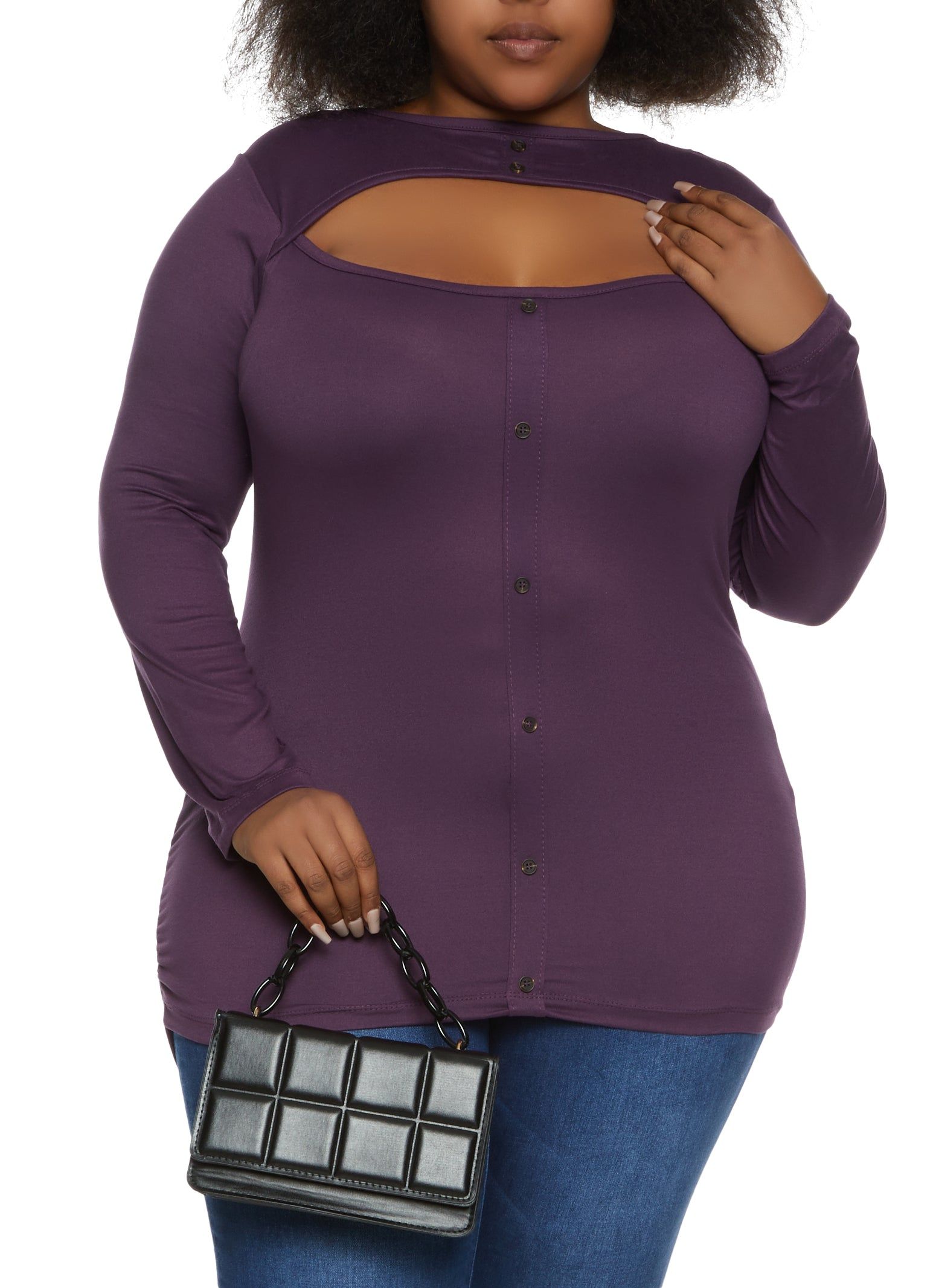 Plus Size Button Detail Cut Out Long Sleeve Top sold by Rainbow