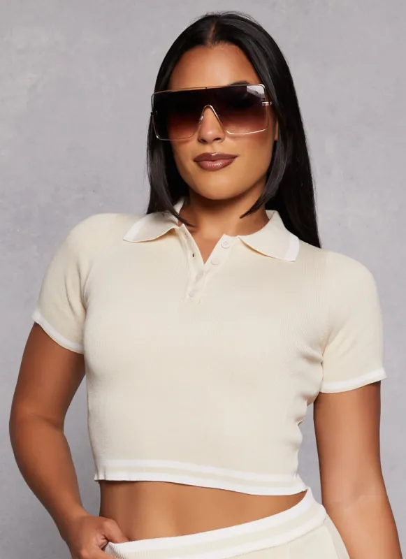 Daisy Knit Varsity Stripe Cropped Polo Shirt sold by Rainbow