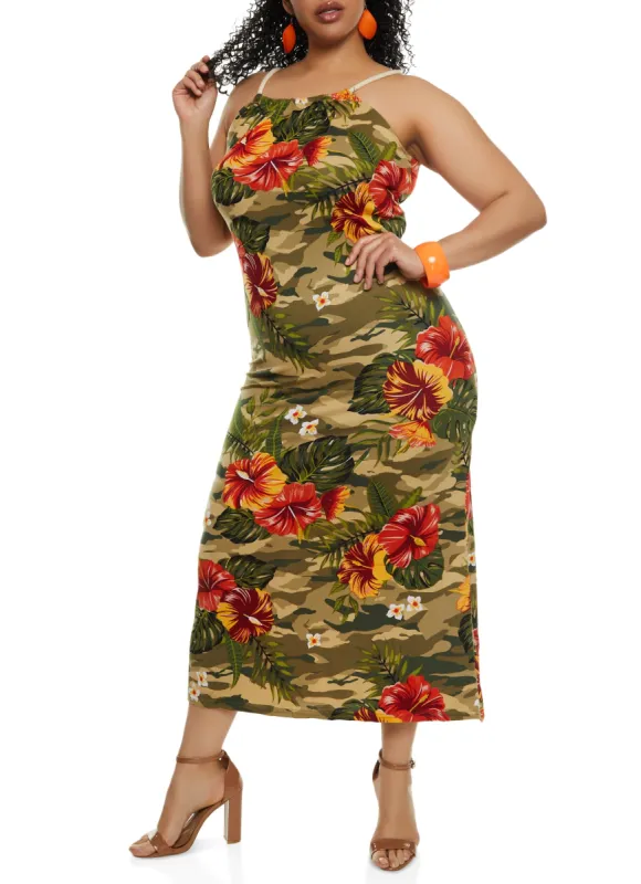 Plus Size Camo Floral Print Rope Strap Cami Maxi Dress made by Rainbow