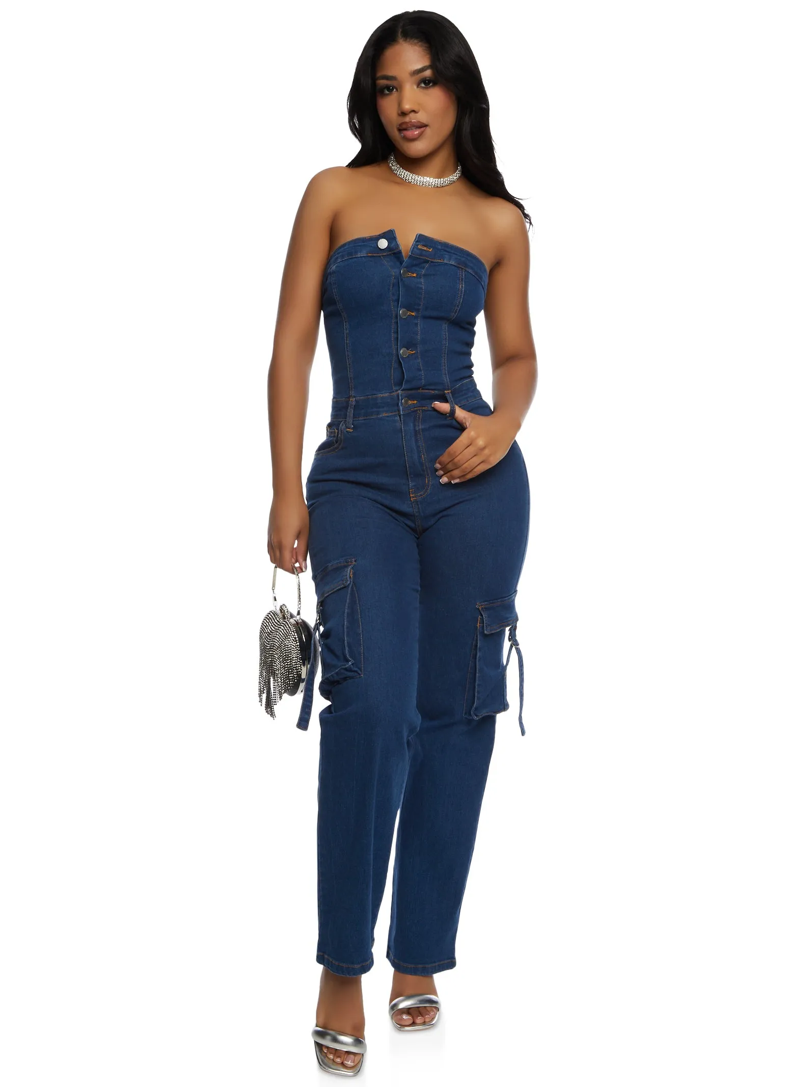 Daisy Denim Strapless Cargo Pocket Jumpsuit sold by Rainbow