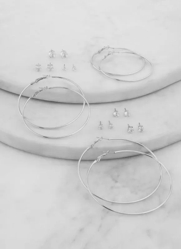 Cubic Zirconia Stud Earrings and Hoop Earrings Set of 9 sold by Rainbow