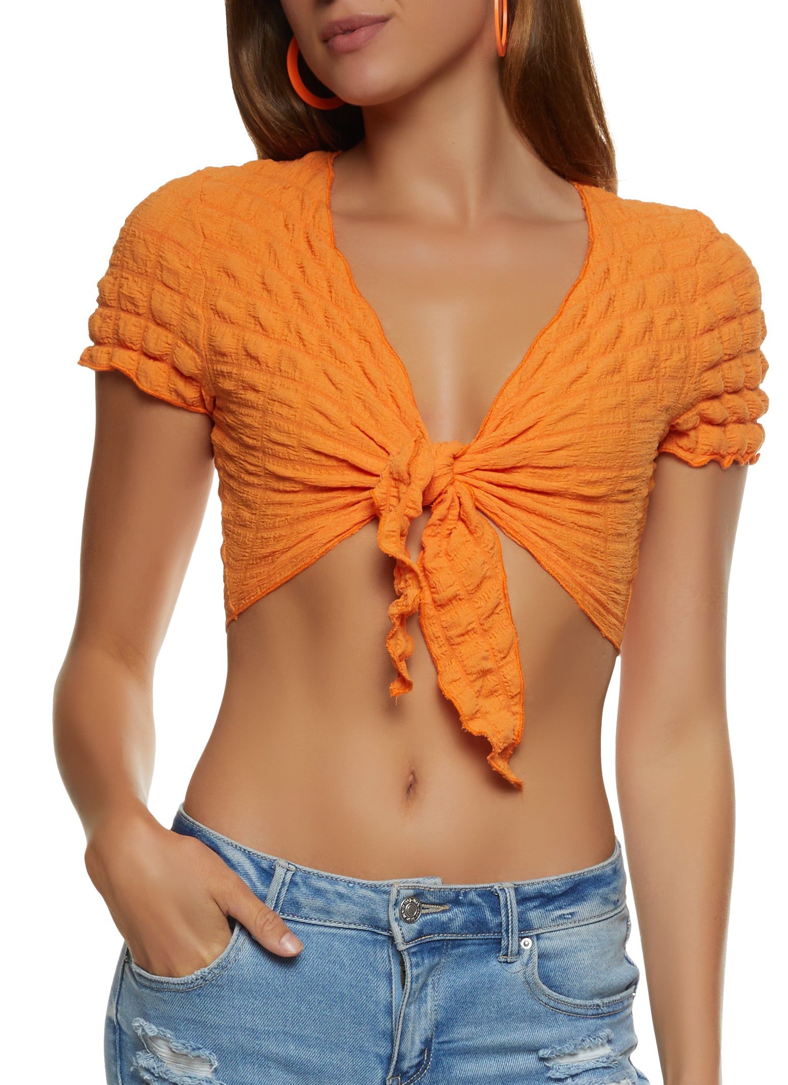 Bubble Knit Tie Front Crop Top sold by Rainbow