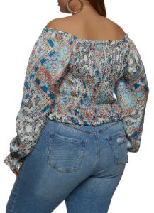 Plus Size Printed Smocked Back Off the Shoulder Blouse sold by Rainbow