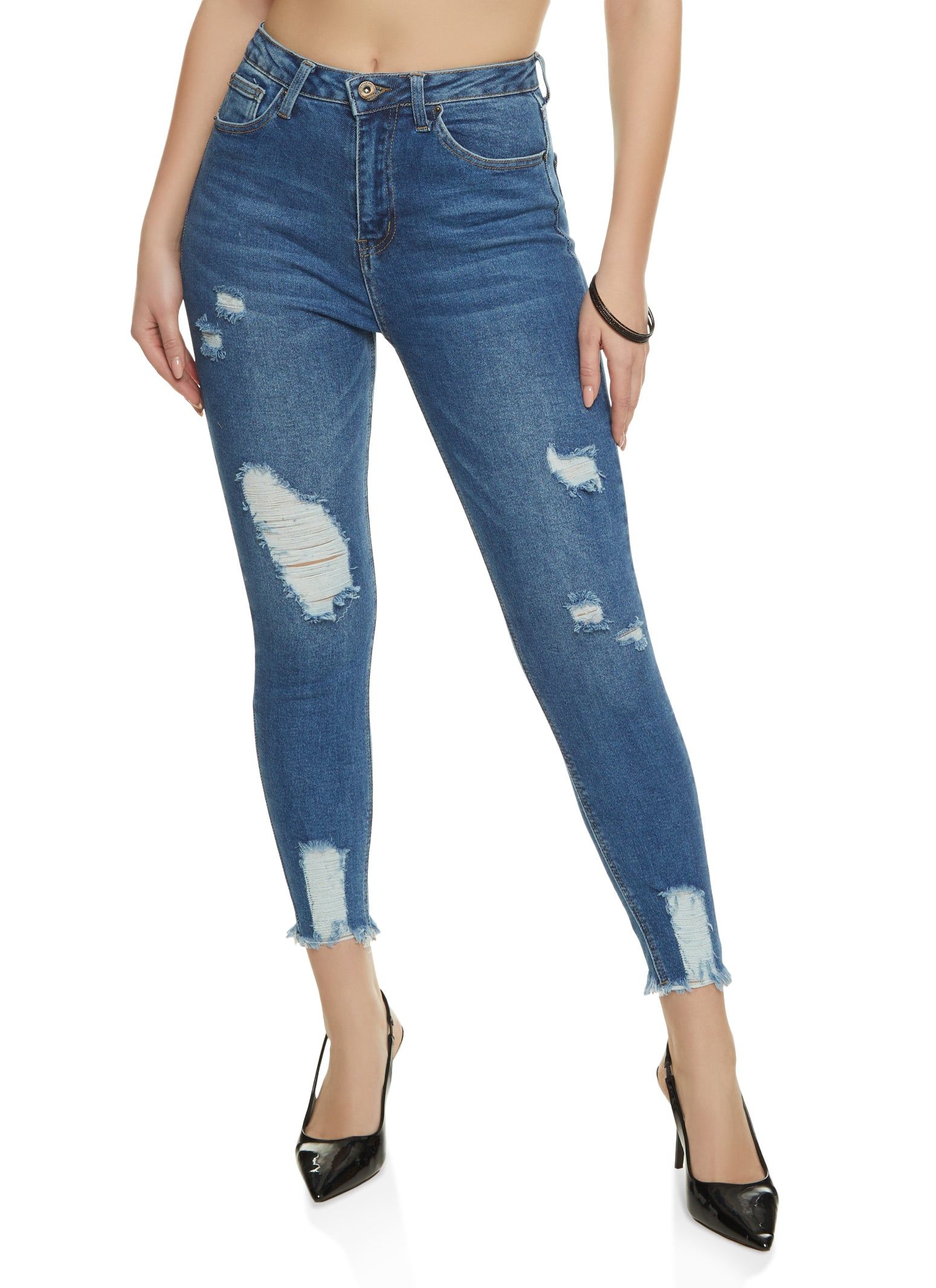 WAX Distressed Frayed Hem Skinny Jeans sold by Rainbow