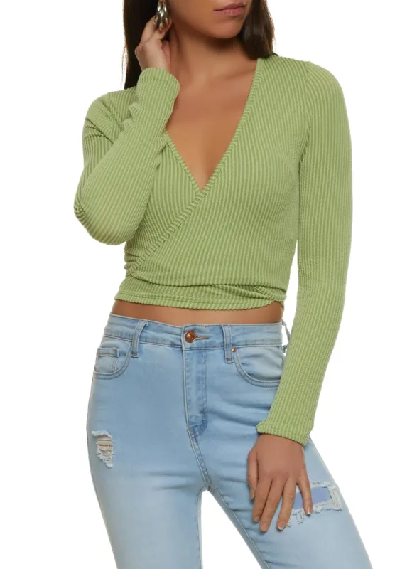 Long Sleeve Ribbed Knit Wrap Crop Top sold by Rainbow