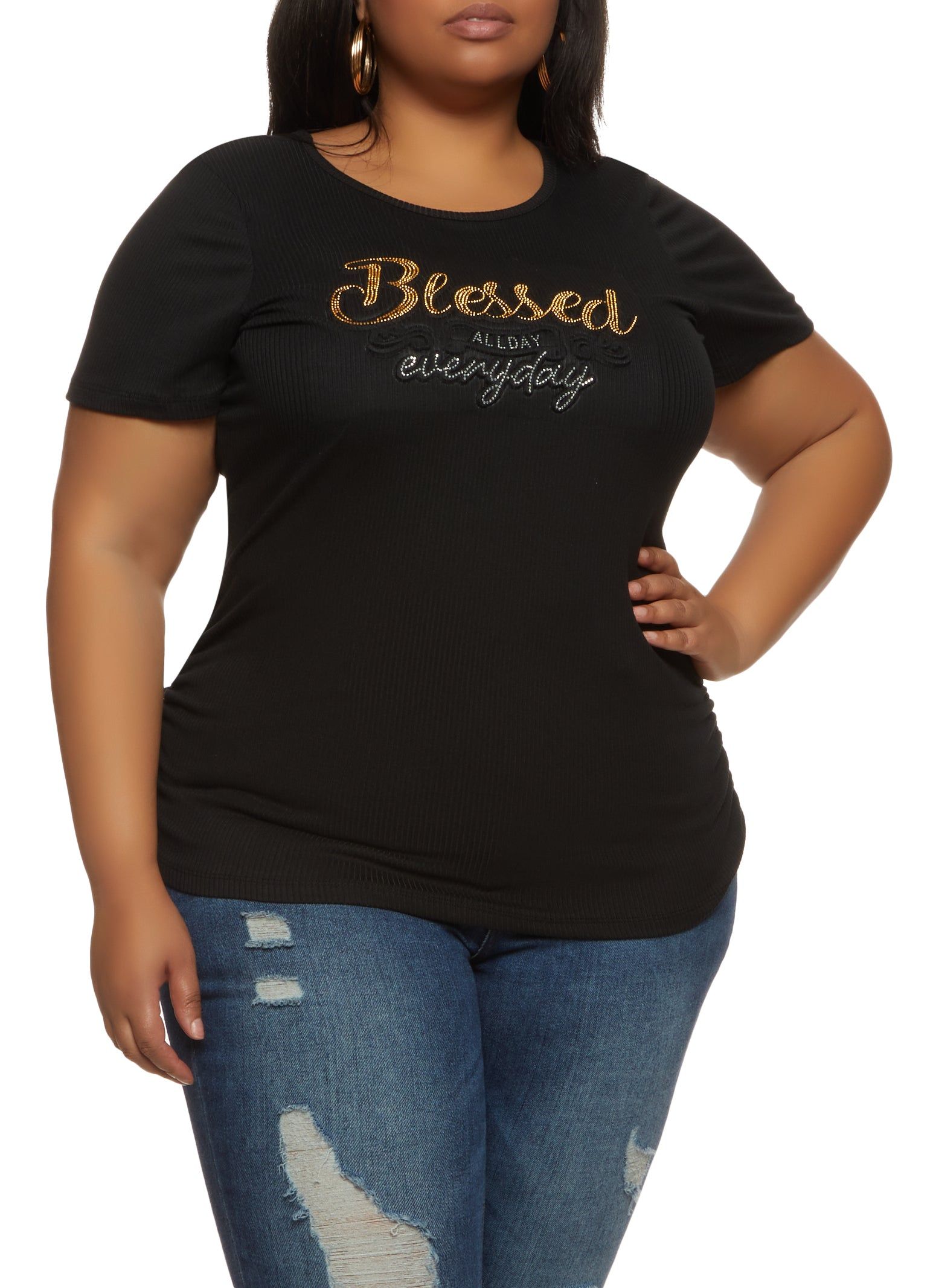 Plus Size Blessed All Day Everyday Rhinestone Embossed Tee sold by Rainbow
