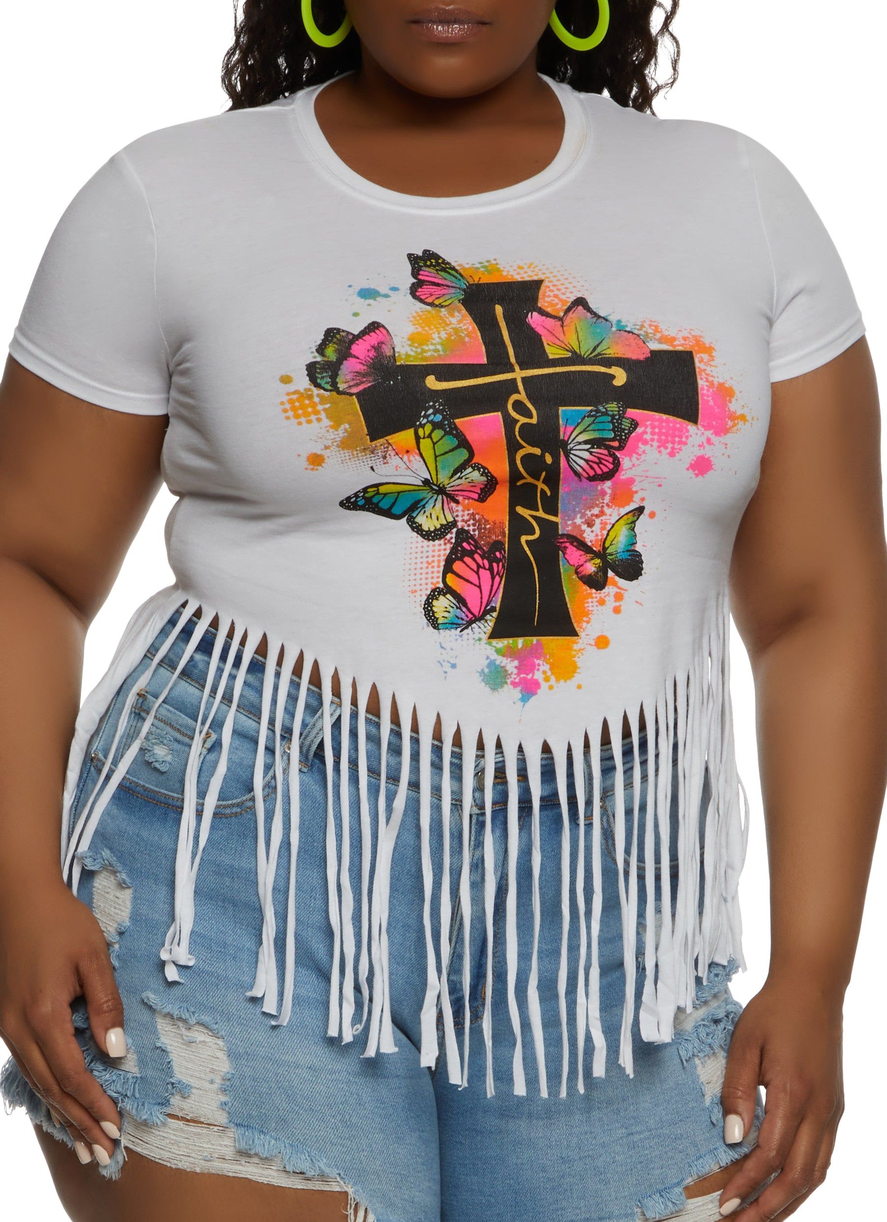 Plus Size Faith Cross Fringe Graphic Tee sold by Rainbow