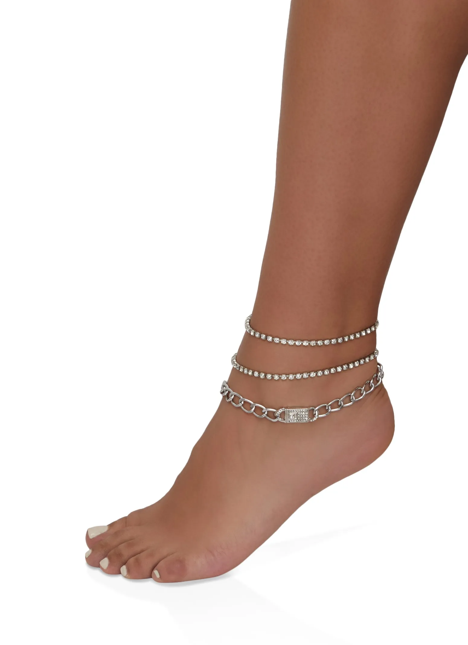 Rhinestone Curb Chain Anklet Trio sold by Rainbow