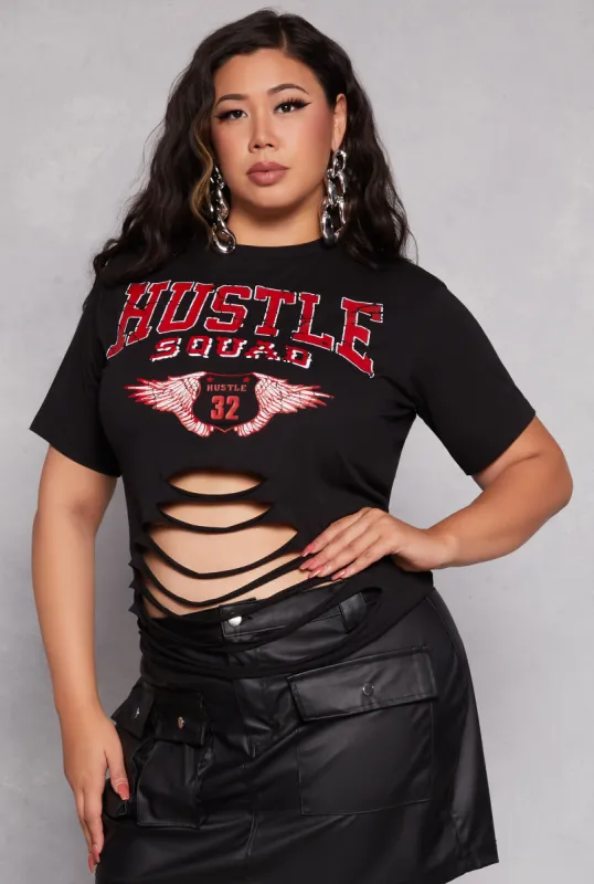 Plus Size Hustle Squad Laser Cut Short Sleeve Graphic Tee sold by Rainbow