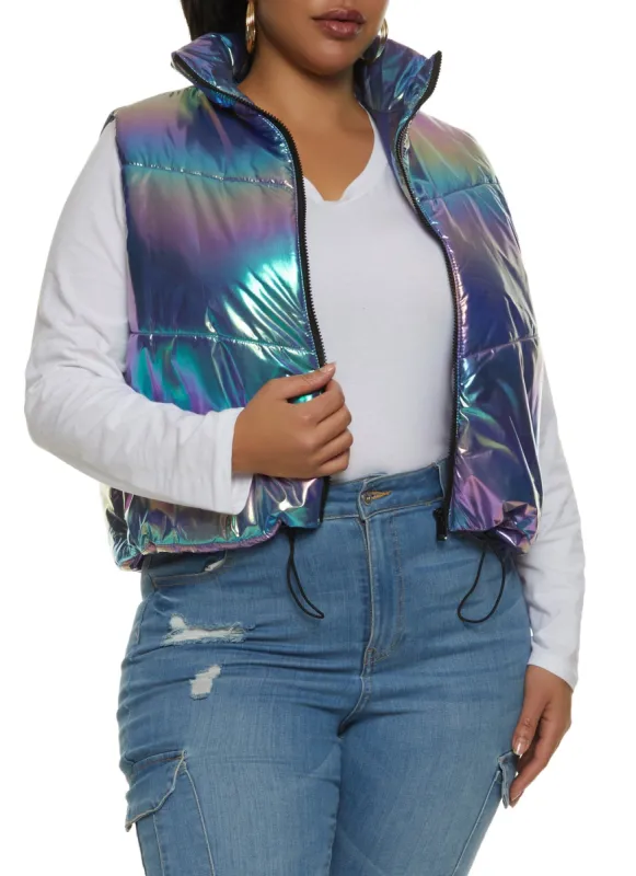 Plus Size Iridescent Drawstring Hem Puffer Vest sold by Rainbow