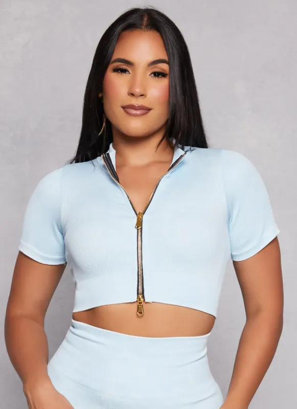 Daisy Seamless Ribbed Zip Front Short Sleeve Crop Top sold by Rainbow