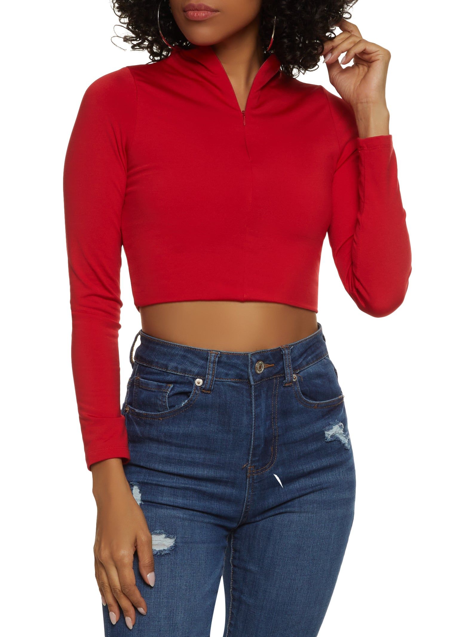 Half Zip Mock Neck Long Sleeve Crop Top sold by Rainbow