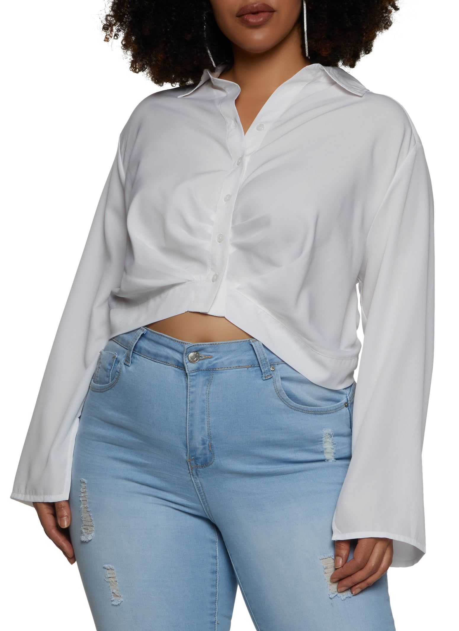 Plus Size Ruched Button Front Shirt sold by Rainbow