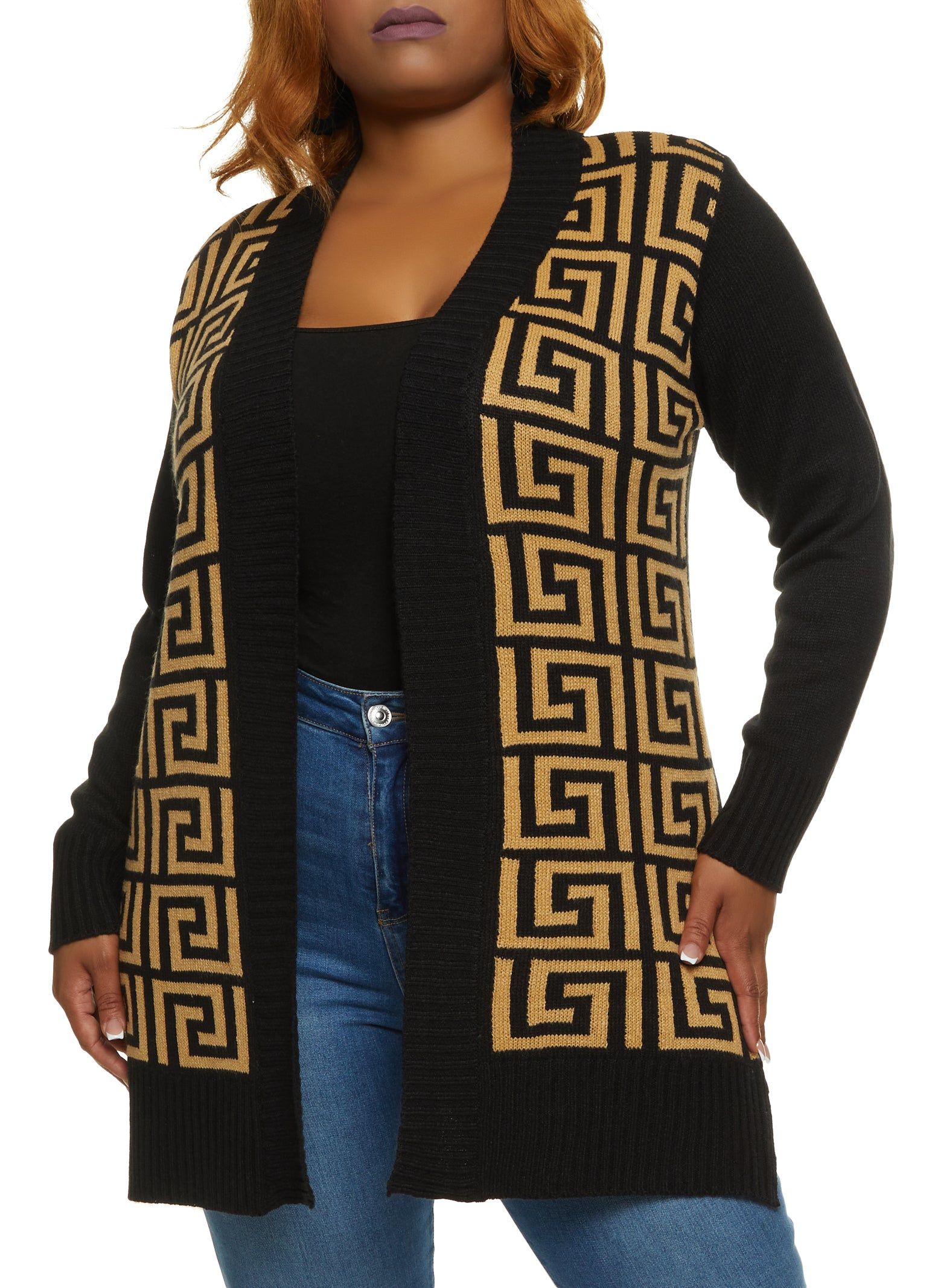 Plus Size Greek Key Open Front Cardigan sold by Rainbow