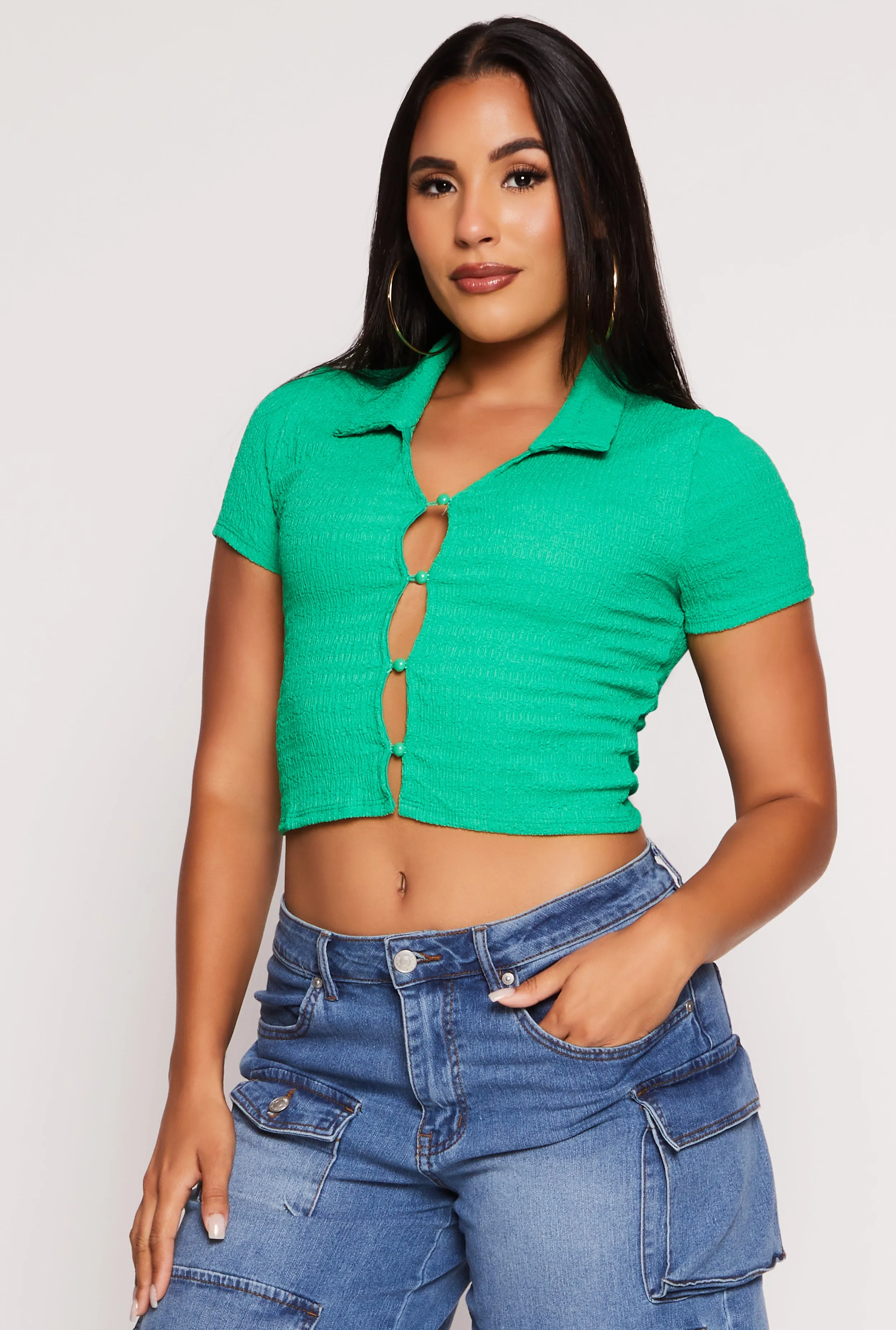 Textured Knit Plunge Button Front Crop Top sold by Rainbow