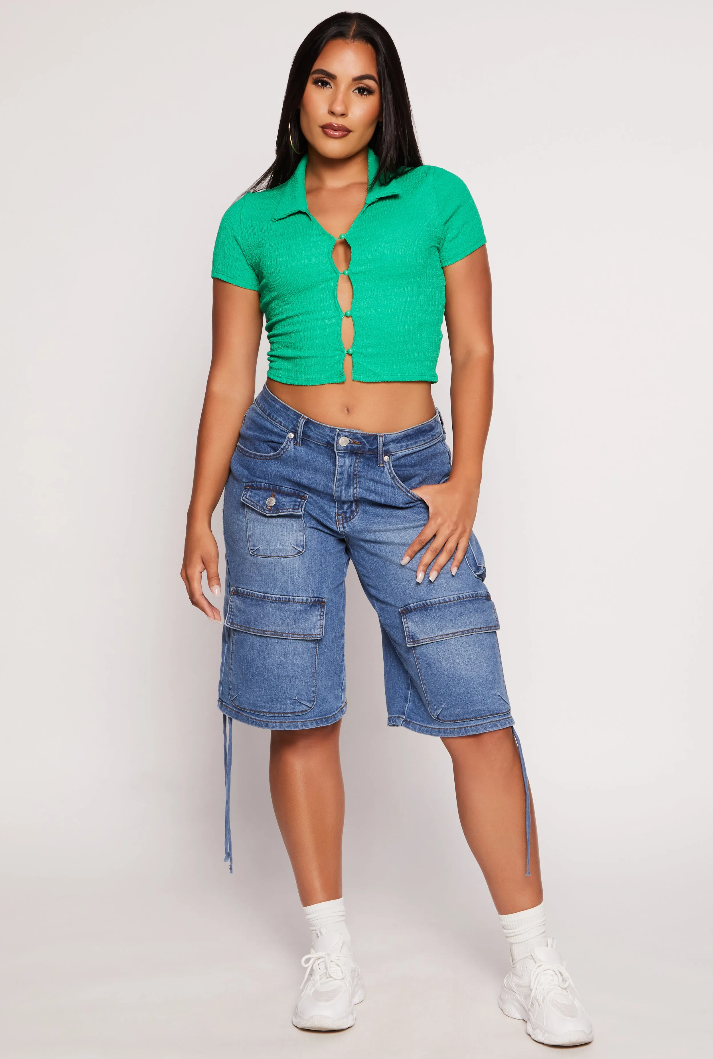 Textured Knit Plunge Button Front Crop Top sold by Rainbow product image thumbnail 2