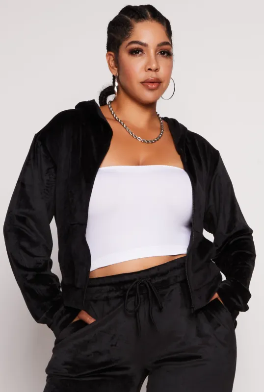 Plus Size Velour Zip Front Cropped Hoodie sold by Rainbow