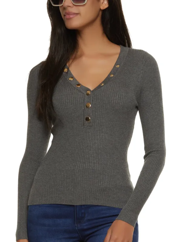 Snap Button V Neck Ribbed Knit Sweater sold by Rainbow