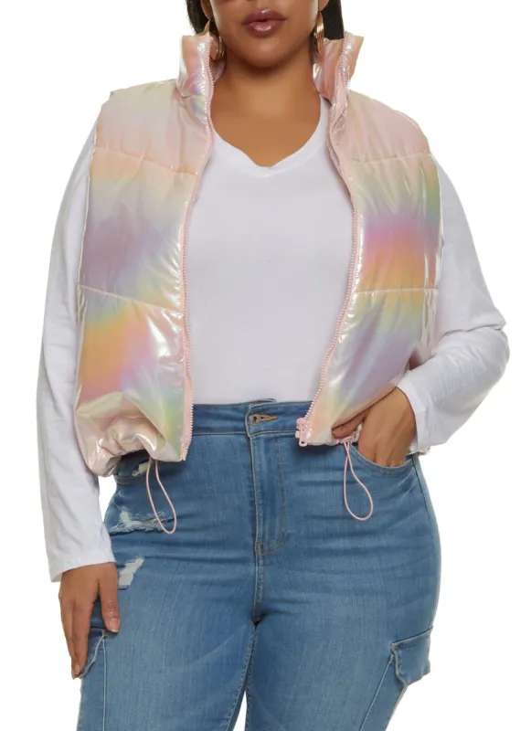 Plus Size Iridescent Zip Front Puffer Vest sold by Rainbow