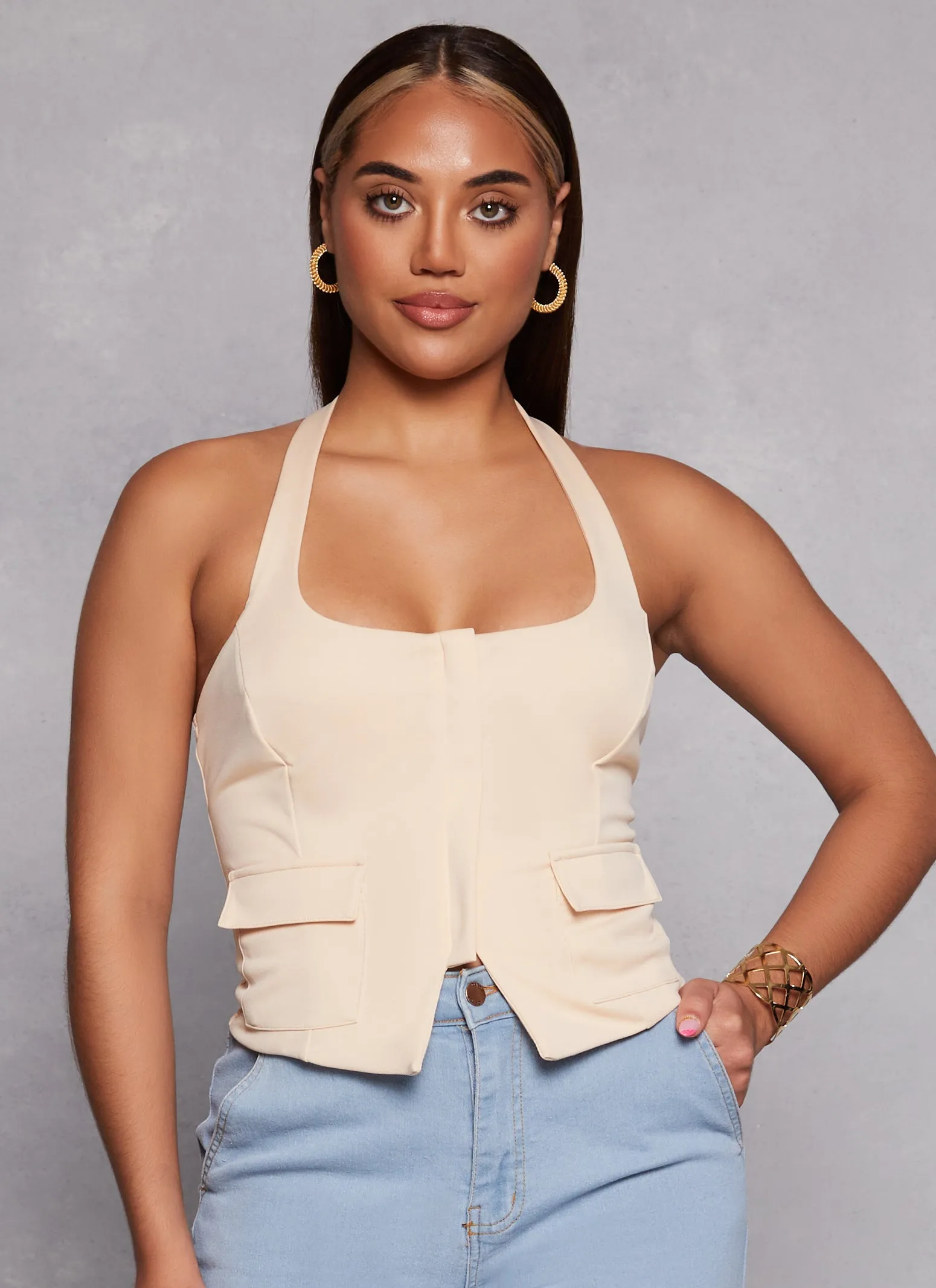 Zip Front Cargo Pocket Halter Top sold by Rainbow