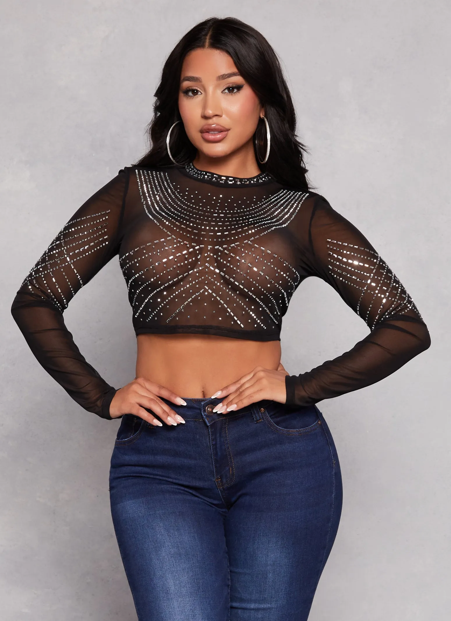 Mesh Rhinestone Mock Neck Crop Top sold by Rainbow