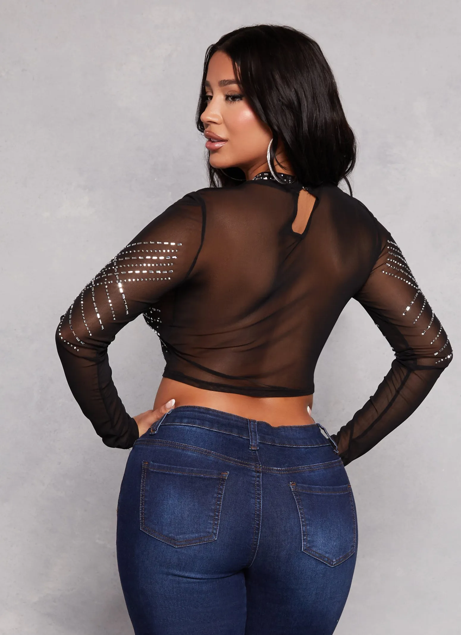 Mesh Rhinestone Mock Neck Crop Top sold by Rainbow product image thumbnail 3