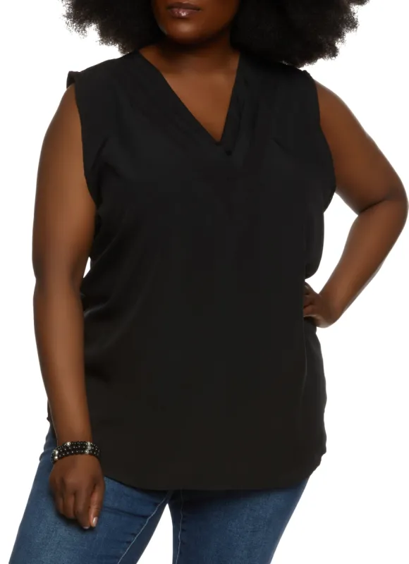 Plus Size Sleeveless Pleated V Neck Blouse sold by Rainbow