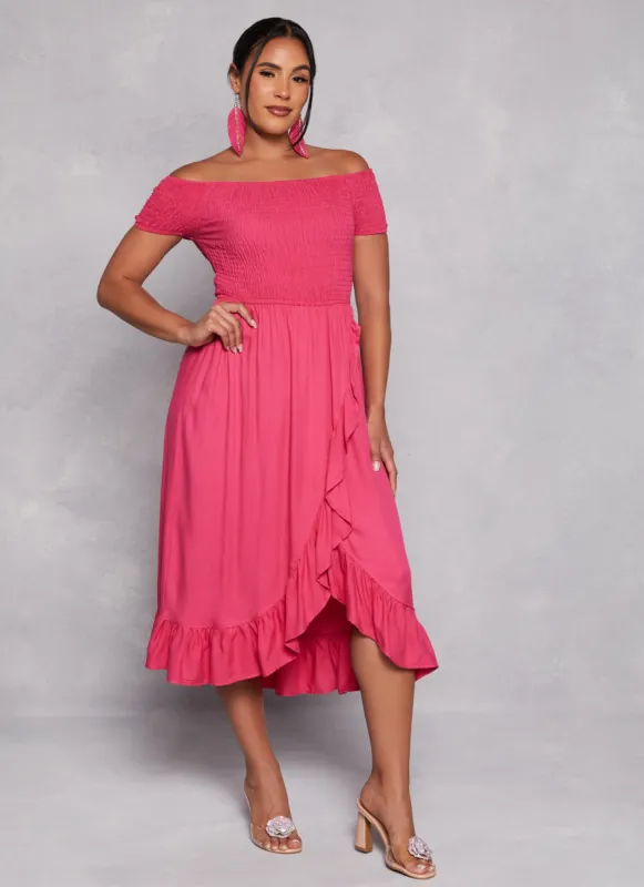 Off The Shoulder Smocked Tulip Hem Dress sold by Rainbow