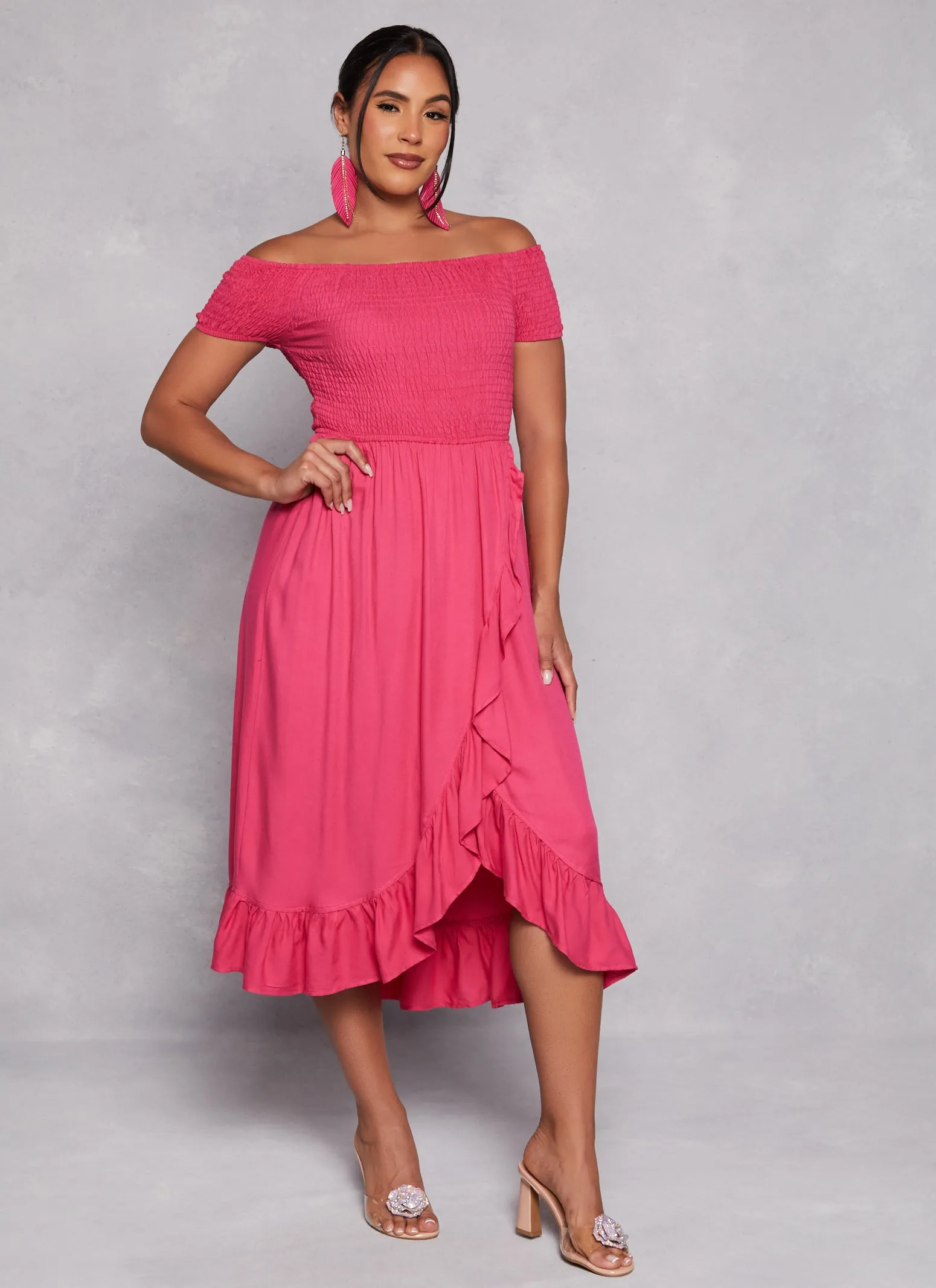 Off The Shoulder Smocked Tulip Hem Dress sold by Rainbow