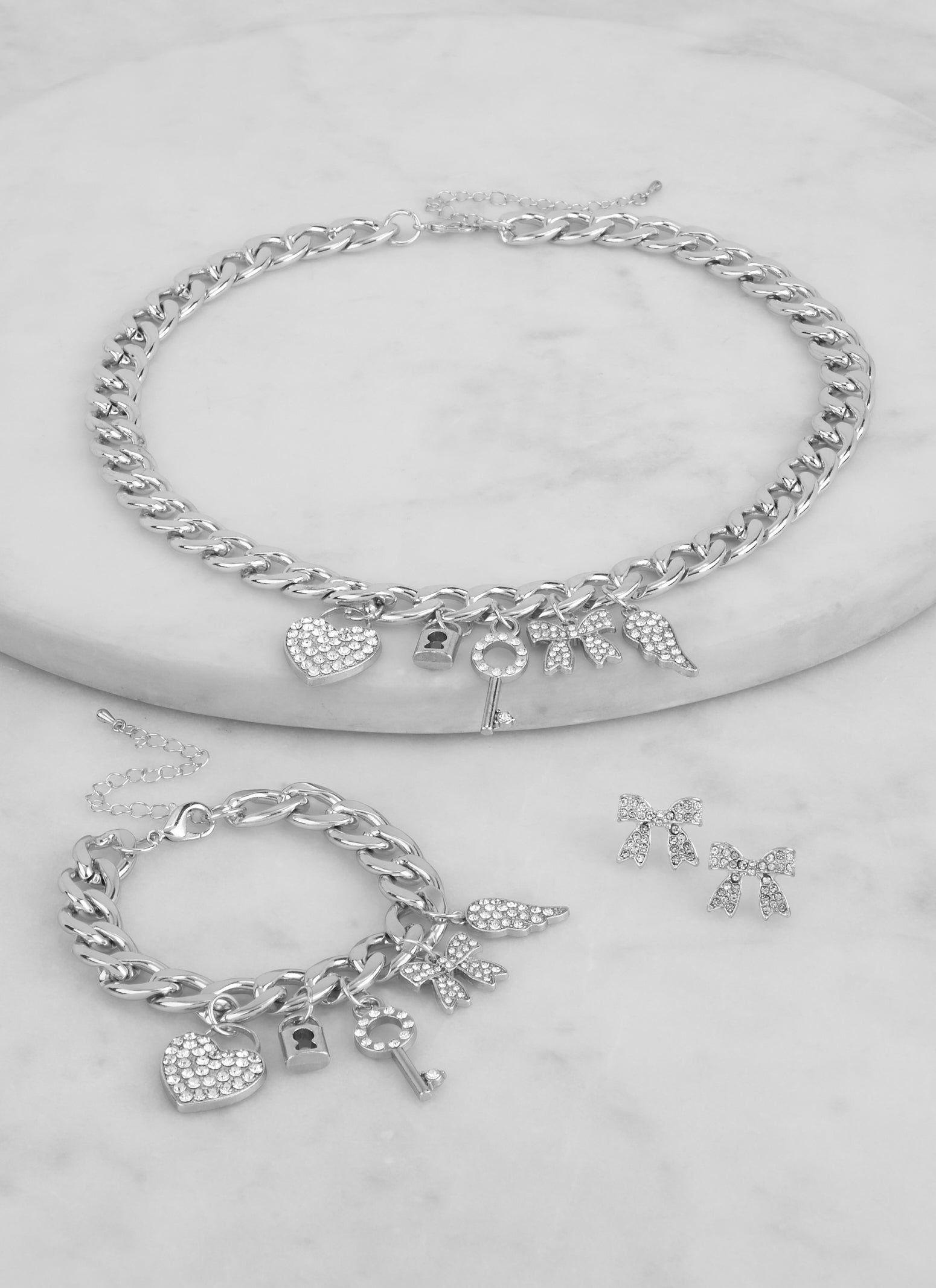 Rhinestone Charm Necklace with Bracelet and Earrings sold by Rainbow
