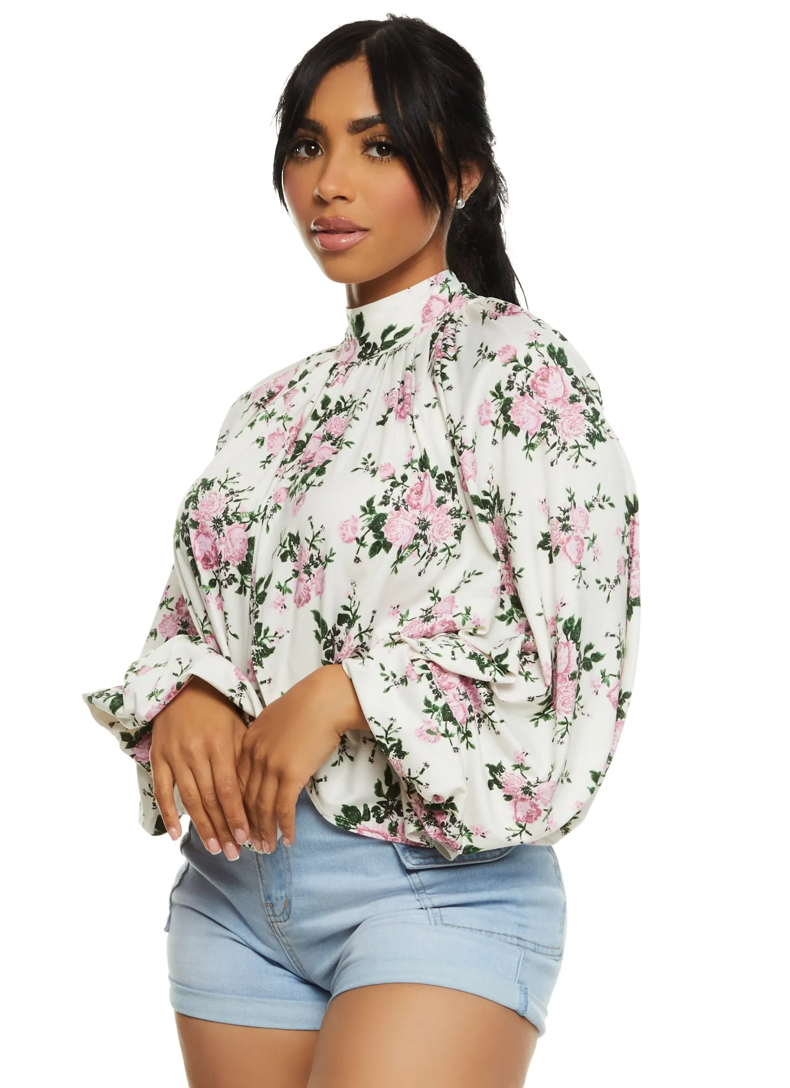 Floral Print Mock Neck Long Sleeve Top sold by Rainbow