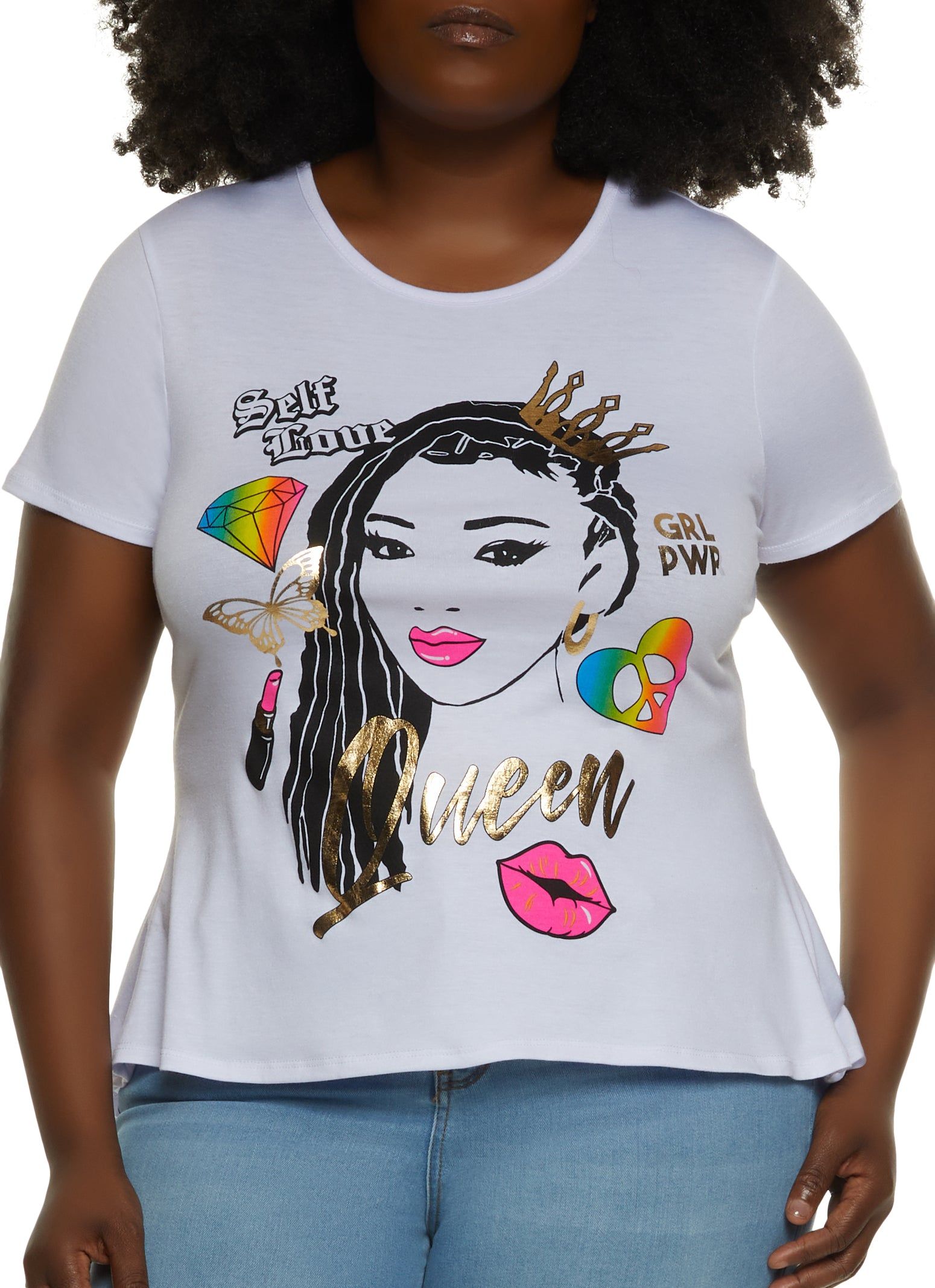 Plus Size Queen Graphic Foil Screen High Low Tee sold by Rainbow