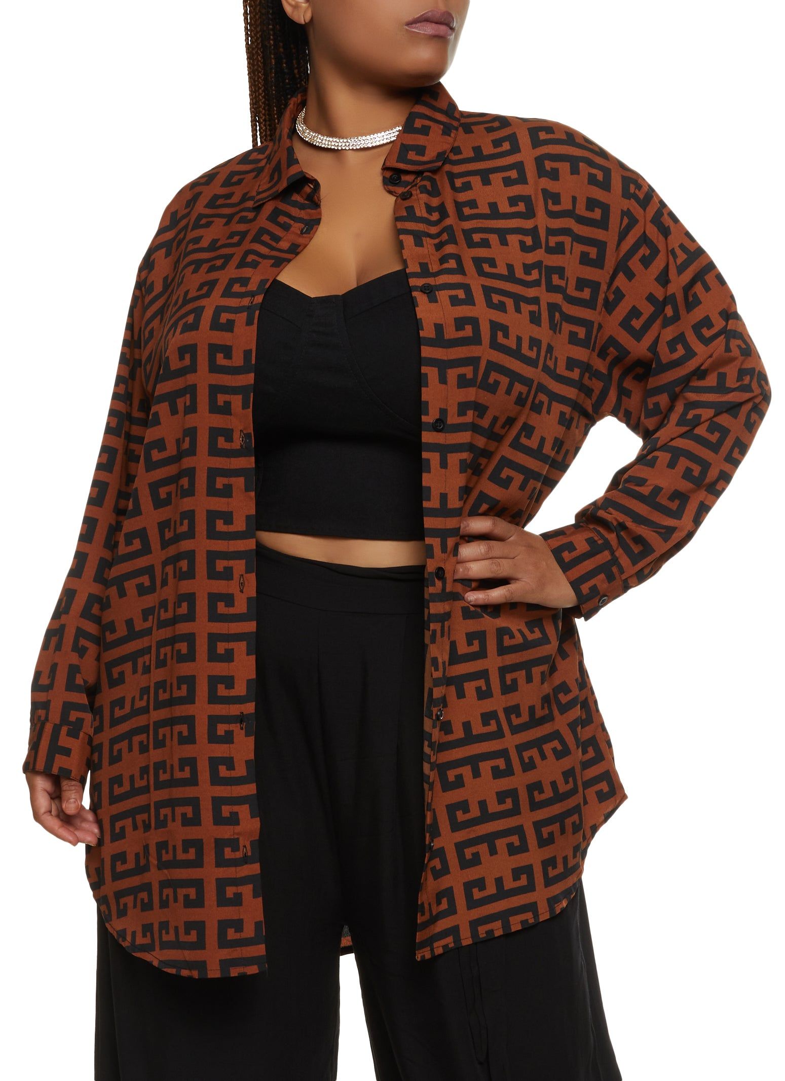 Plus Size Greek Key Print Button Front Tunic Shirt sold by Rainbow
