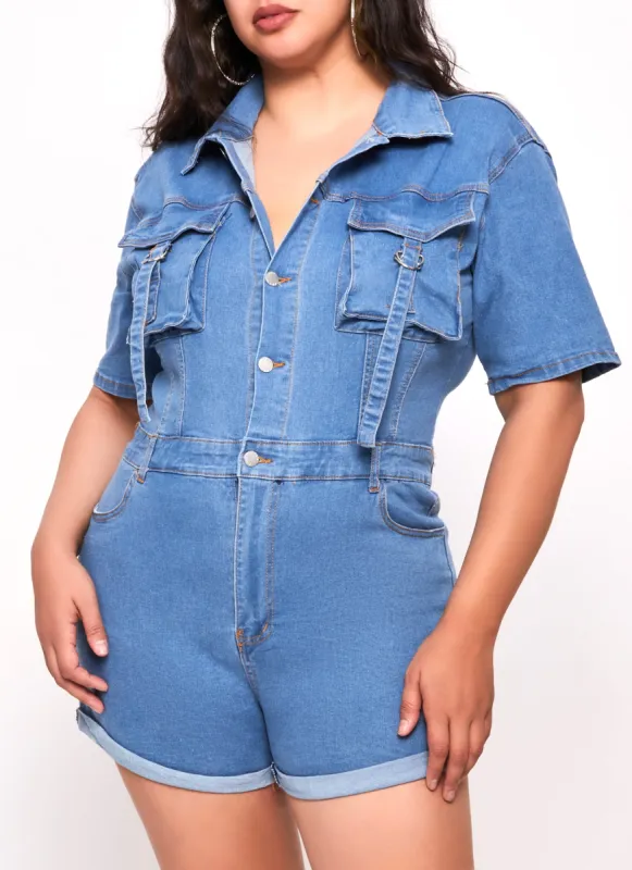 Plus Size Daisy Denim Utility Romper sold by Rainbow