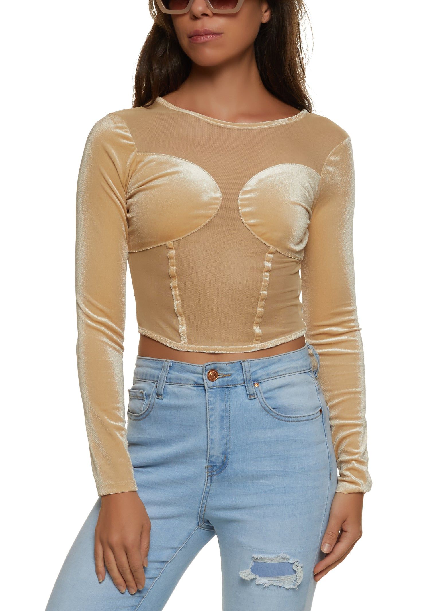 Velvet Mesh Corset Detail Long Sleeve Top sold by Rainbow