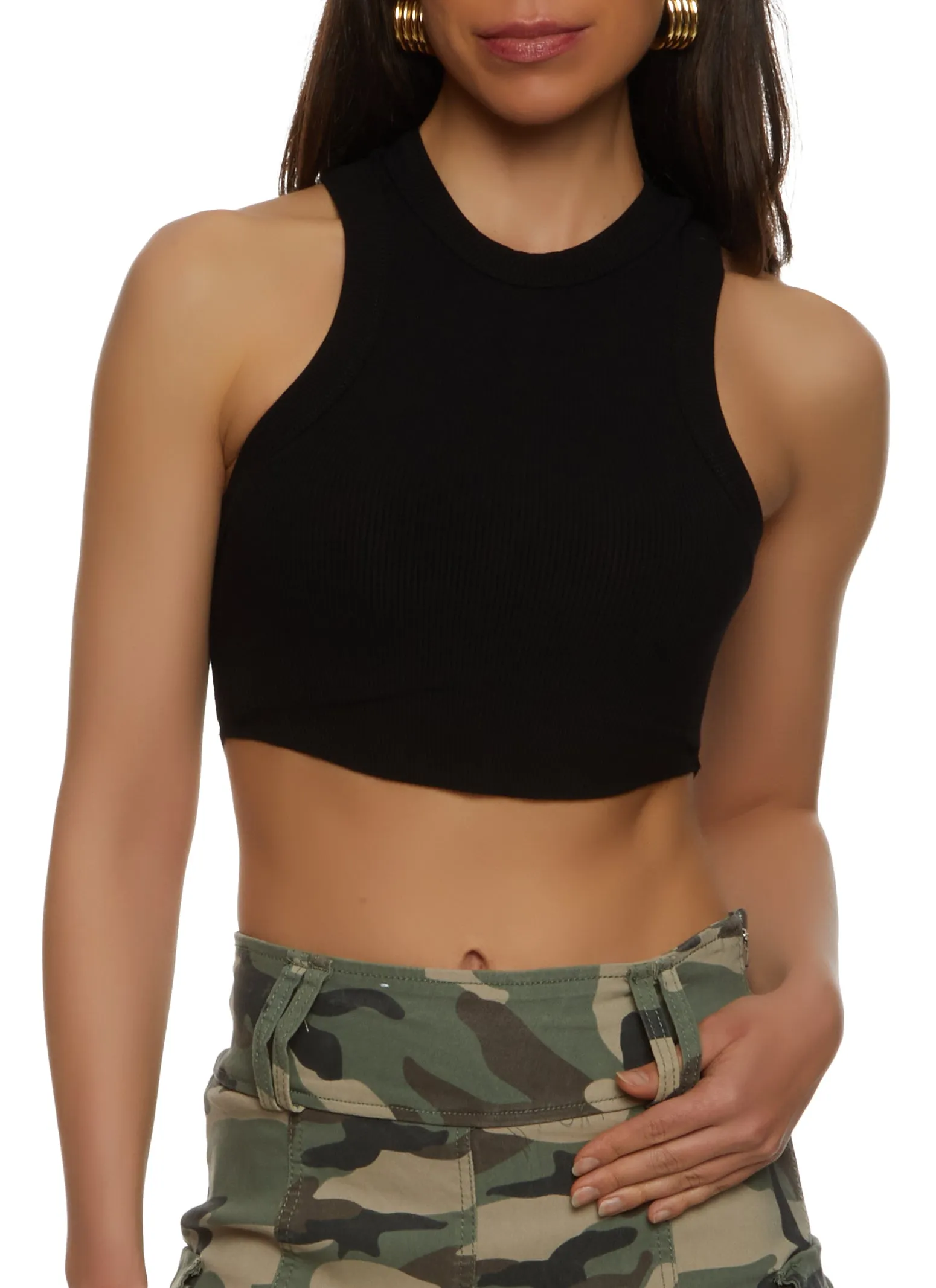 Rib Knit Cropped Racerback Tank Top sold by Rainbow