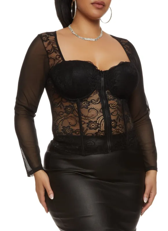 Plus Size Floral Lace Long Sleeve Corset Top sold by Rainbow