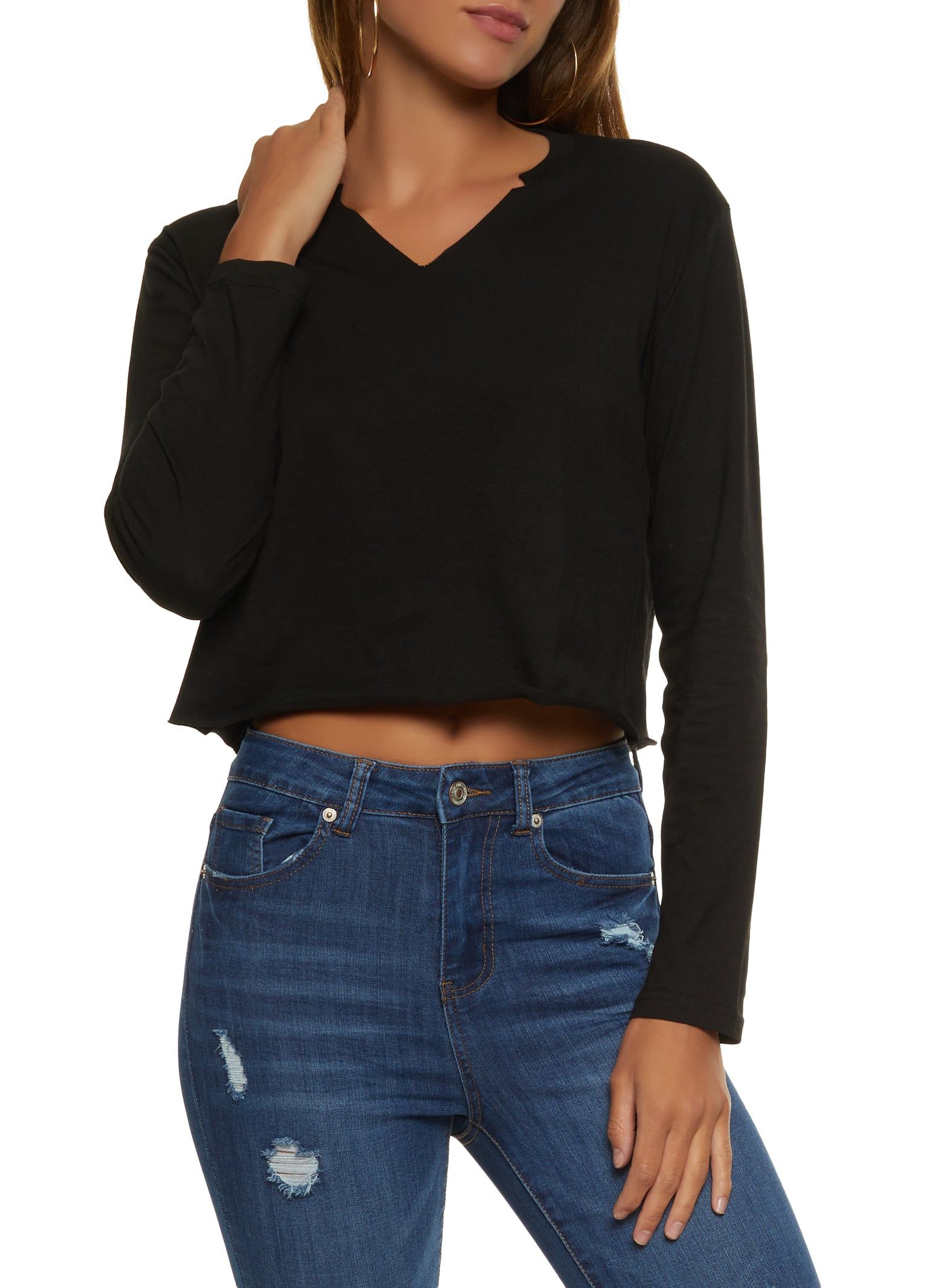 Notch Neck Raw Hem Crop Top sold by Rainbow