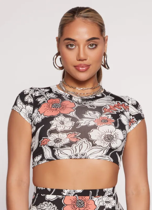 Floral Print Short Sleeve Crop Top sold by Rainbow