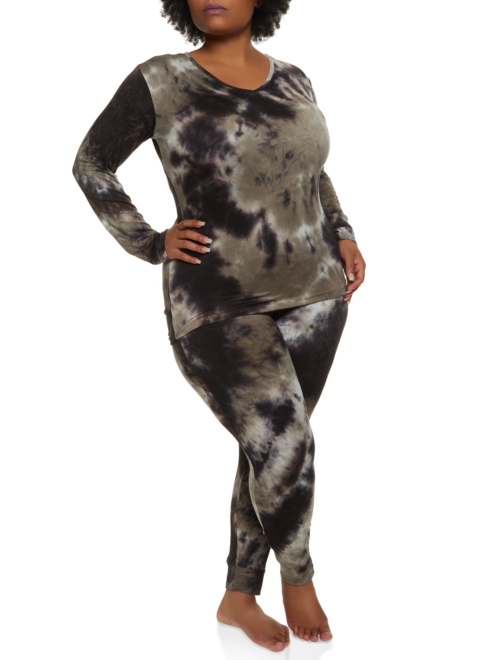 Plus Size Tie Dye V Neck Pajama Top and Pants sold by Rainbow