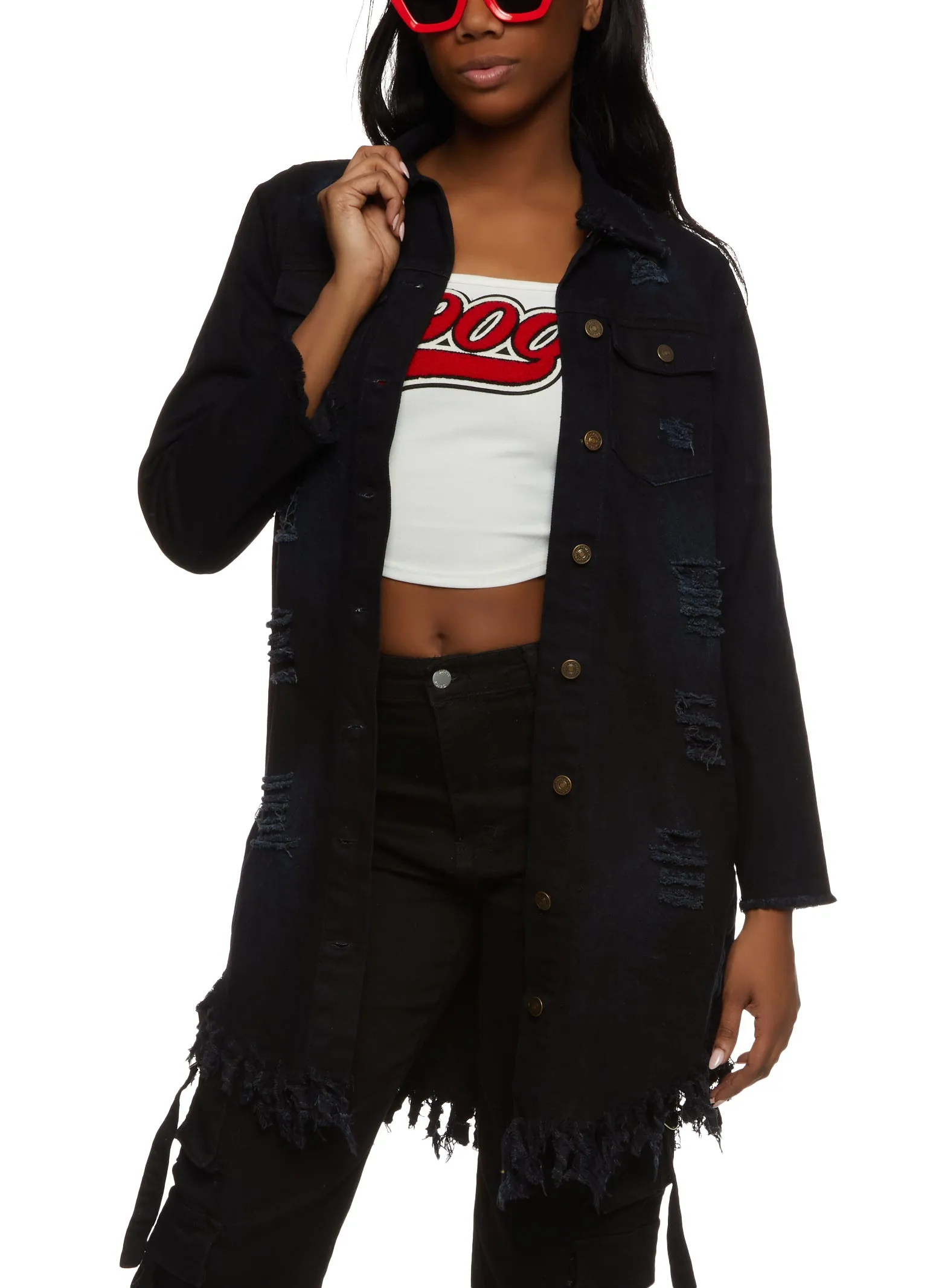 Denim Distressed Button Front Longline Jacket sold by Rainbow