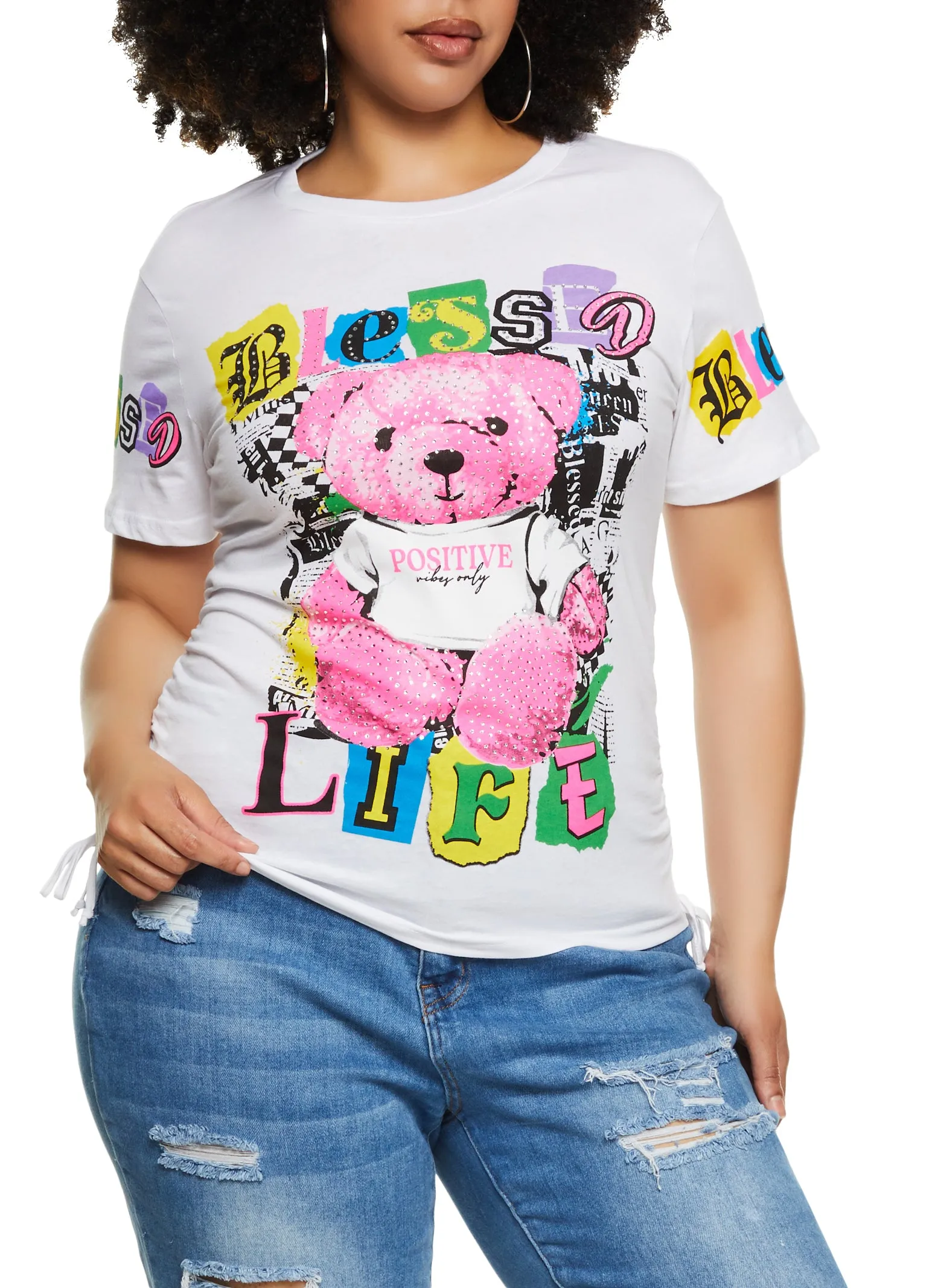 Plus Size Rhinestone Blessed Life Bear Laser Cut Graphic Tee sold by Rainbow