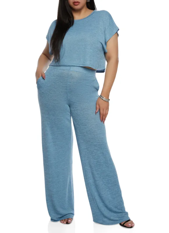 Plus Size Daisy Brushed Knit High Waist Wide Leg Pants sold by Rainbow