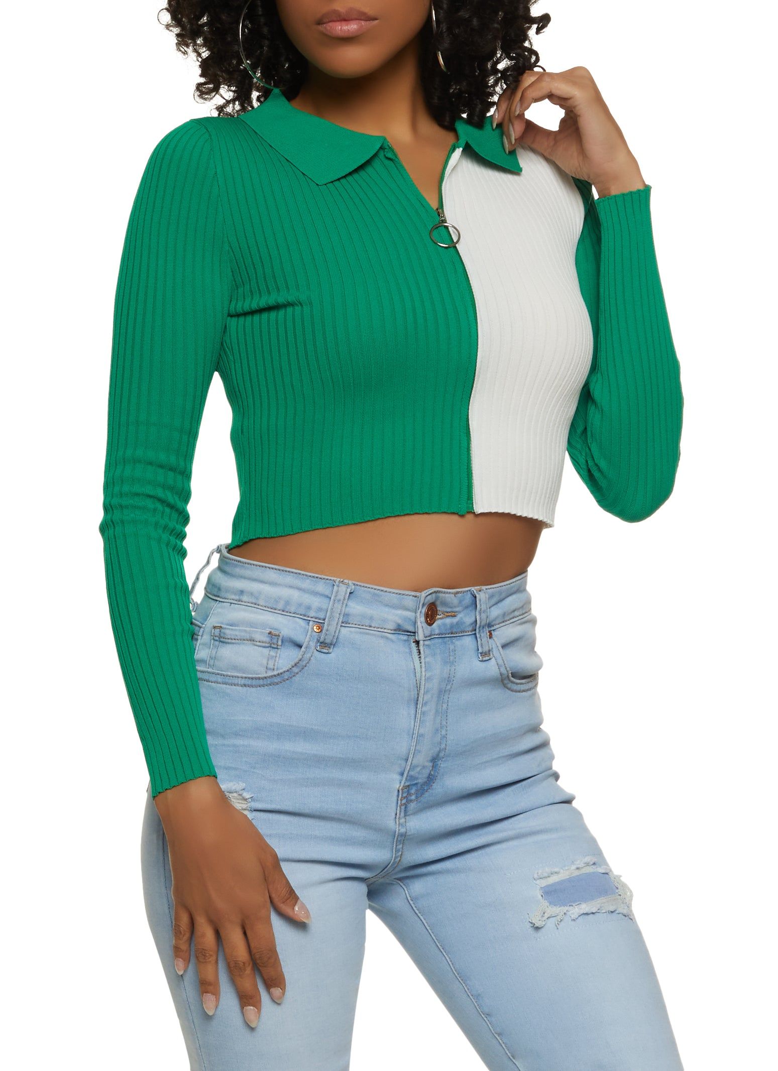 Color Block Zip Front Crop Top sold by Rainbow