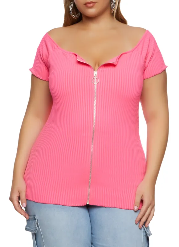 Plus Size Ribbed Zip Front Off the Shoulder Top sold by Rainbow