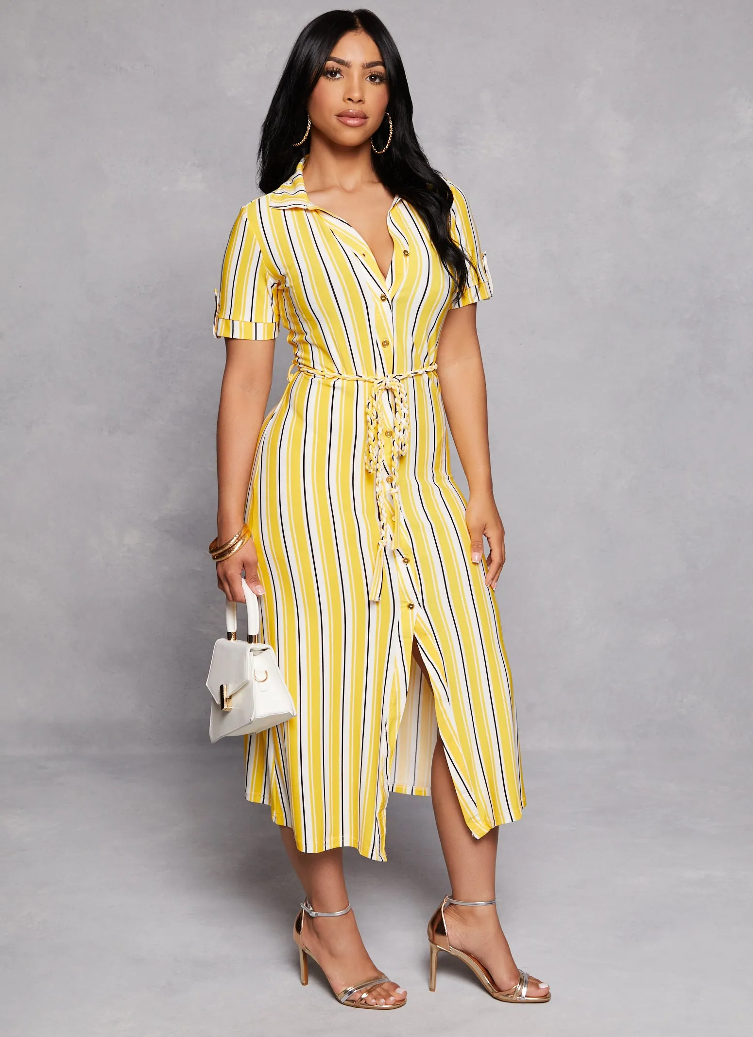 Striped Button Front Tie Waist Belted Shirt Dress sold by Rainbow product image thumbnail 2