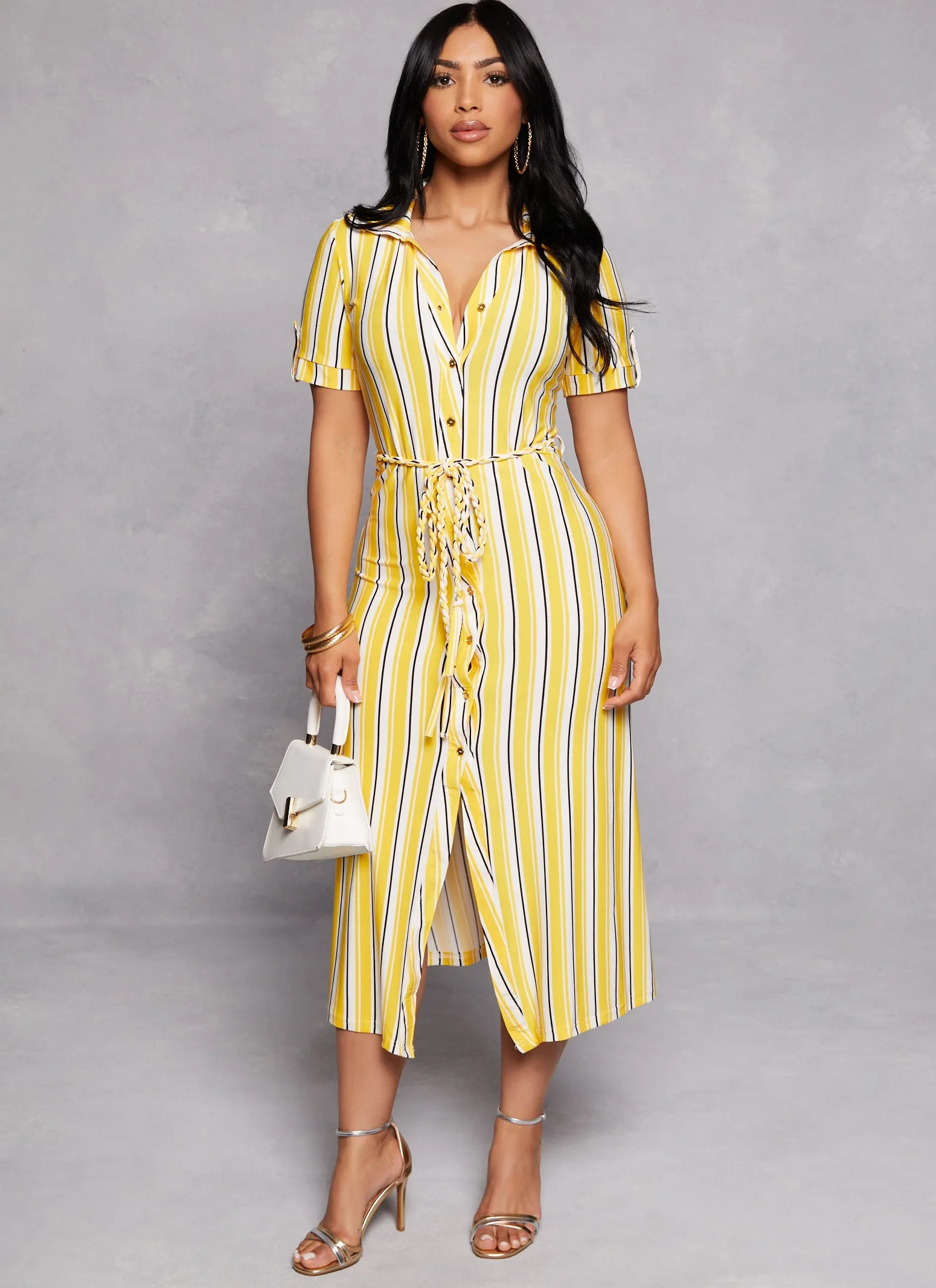 Striped Button Front Tie Waist Belted Shirt Dress sold by Rainbow