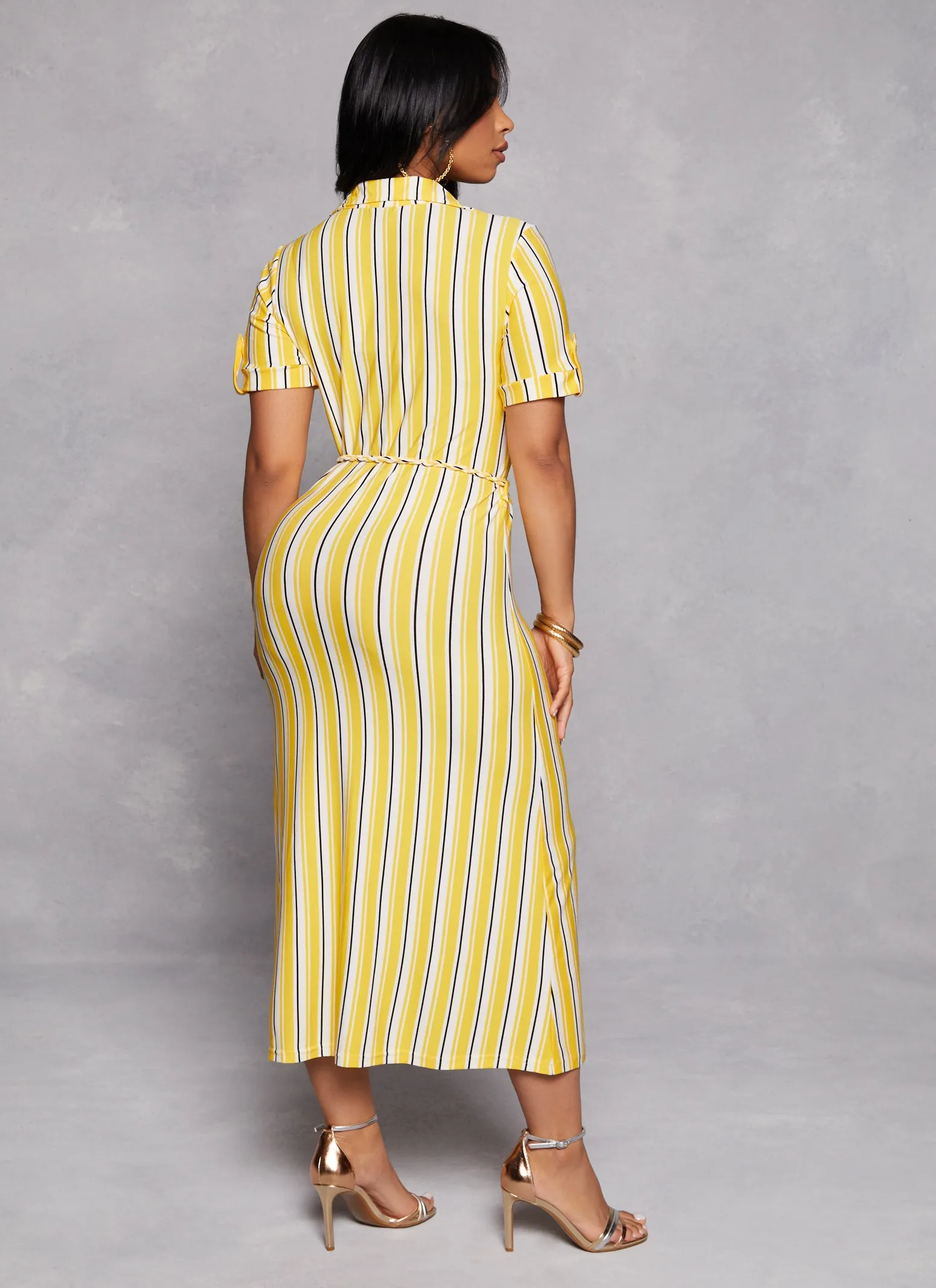 Striped Button Front Tie Waist Belted Shirt Dress sold by Rainbow product image thumbnail 3