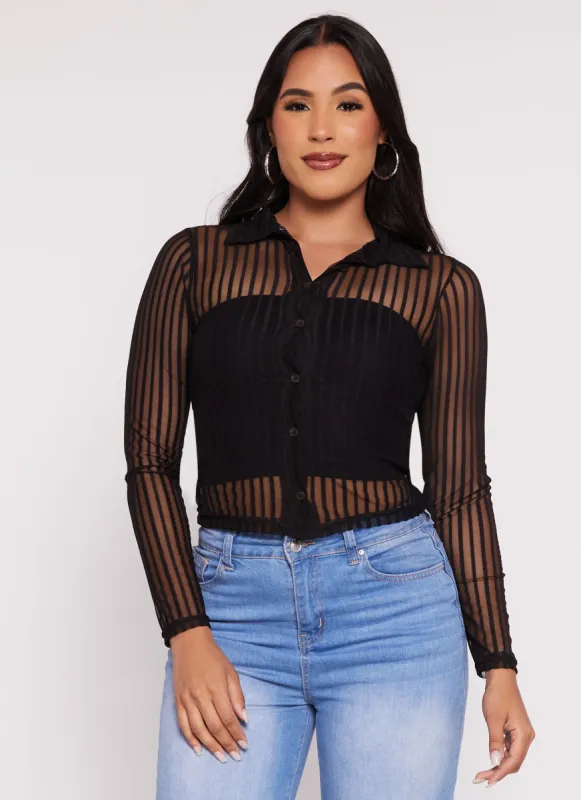 Mesh Striped Button Front Blouse sold by Rainbow