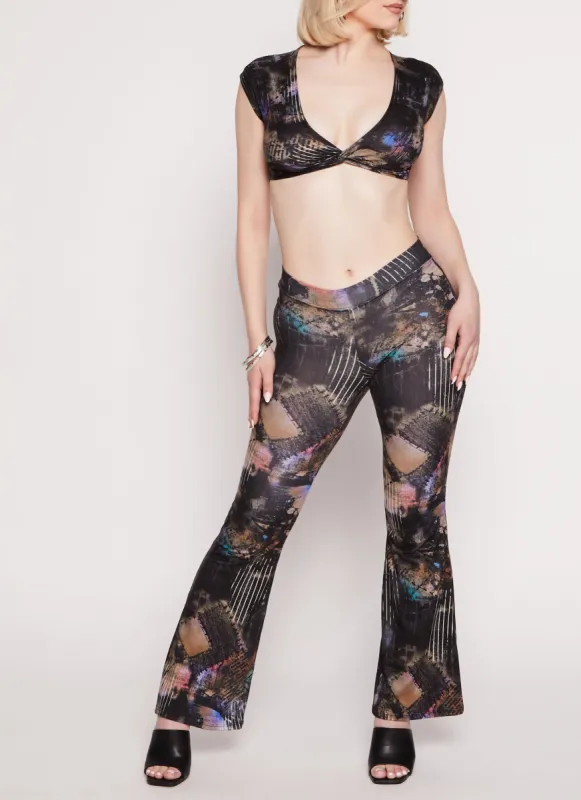 Patchwork Print High Waist Flare Pants sold by Rainbow